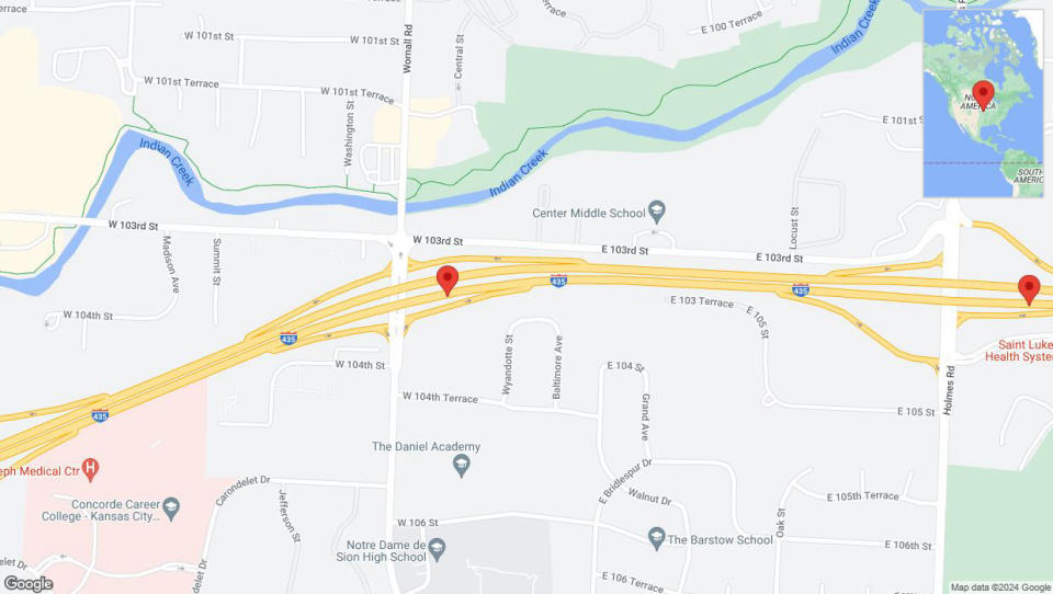 A detailed map that shows the affected road due to 'Heavy rain prompts traffic advisory on eastbound I-435 in Kansas City' on May 2nd at 4:20 p.m.
