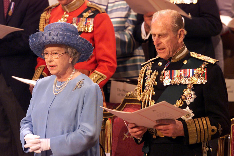 The Queen Elizabeth II and Duke of Edinburgh at St Paul's Cathedral during a service of Thanksgiving to celebrate The Queen's Golden Jubilee. She and her husband, the Duke of Edinburgh, had travelled from Buckingham Palace in the Gold State Coach.  * ... first built for King George III in 1762. Later, after lunch at Guildhall in the City of London, she will watch a parade and carnival along The Mall.  Monday night saw more than one million people gather in central London to hear the Party in the Palace concert, and to watch a spectacular firework display.   (Photo by Andrew Parsons - PA Images/PA Images via Getty Images)