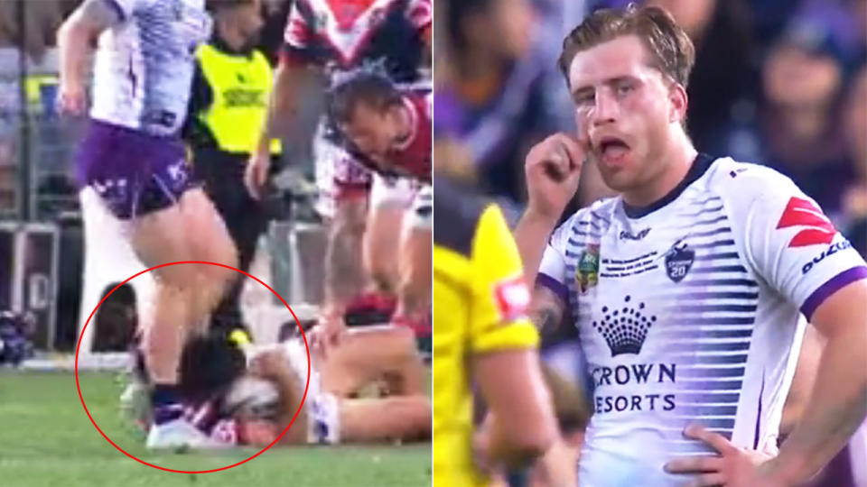 Cameron Munster cops a second sin bin after kicking Joseph Manu. Pic: Nine