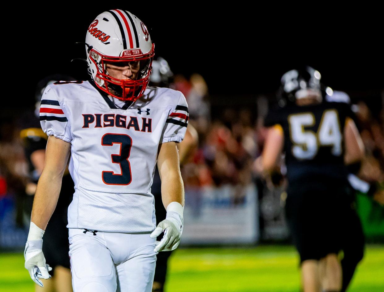 Pisgah junior defensive back Sawyer Belue lines up against Tuscola Friday night in the "Battle of Haywood County" at CE Weatherby Stadium in Waynesville, NC. Tuscola defeated Pisgah 27-10.