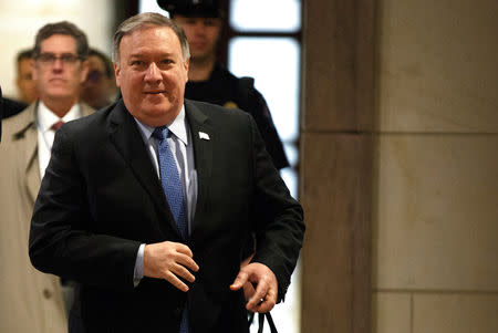 U.S. Secretary of State Mike Pompeo arrives for a closed intelligence briefing for members of the House of Representatives on the death of Saudi journalist Jamal Khashoggi on Capitol Hill in Washington, U.S., December 13, 2018. REUTERS/Joshua Roberts