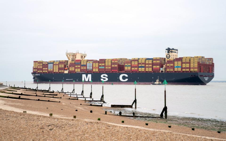 The world's largest cargo ship MSC Loreto left the Port of Felixstowe in Suffolk after its first UK visit - Joe Giddens/PA Wire