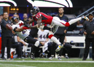 <p>Baltimore Ravens cornerback Marlon Humphrey (29) has the ball knocked away by Atlanta Falcons wide receiver Julio Jones (11) in an NFL football game between the Baltimore Ravens and Atlanta Falcons on December 2, 2018 at Mercedes-Benz Stadium.(Photo by Todd Kirkland/Icon Sportswire via Getty Images) </p>