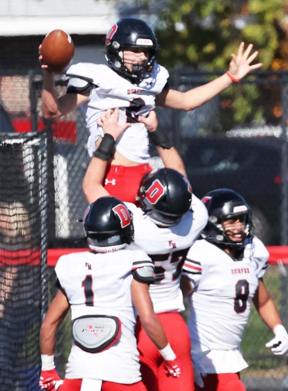 Durfee's Keith Strong intercepts the football for a touchdown during a game vs. Brockton on Saturday, October 28, 2023.