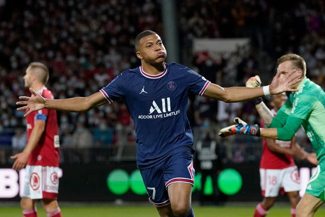 Kylian Mbappe celebrates after scoring for Paris St Germain