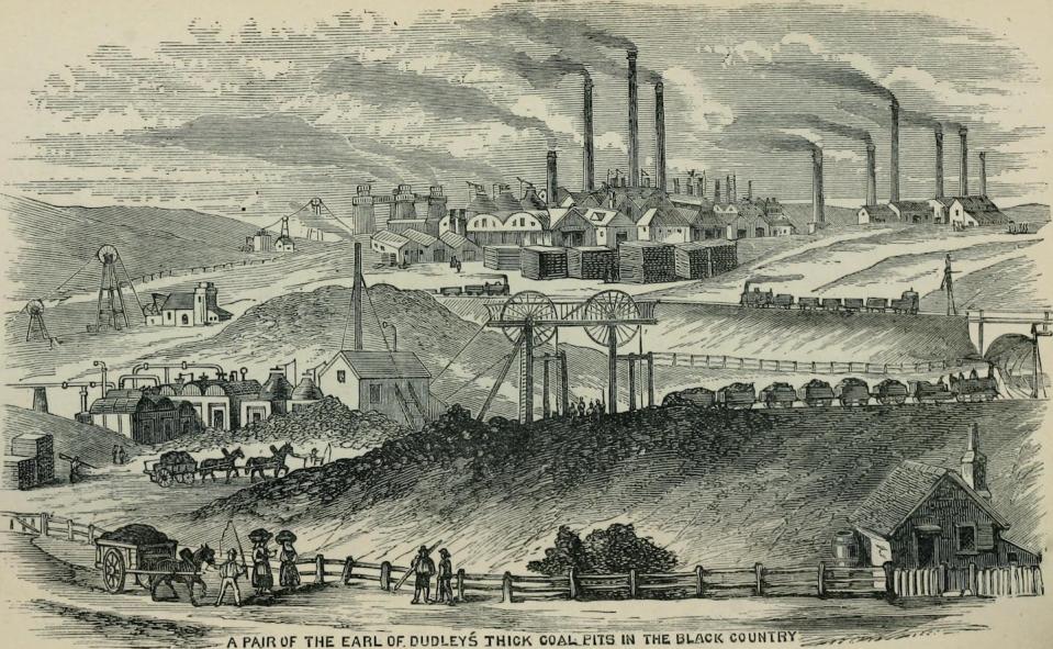 Illustration de la révolution industrielle anglaise réalisée par Samuel Griffiths en 1873. Cette période est considéré à la fois comme celle de l’expansion des idées cornucopianistes, mais aussi, pour certains, comme les débuts de l’Anthropocène. <a href="https://en.wikipedia.org/wiki/Industrial_Revolution#/media/File:Griffiths'_Guide_to_the_iron_trade_of_Great_Britain_an_elaborate_review_of_the_iron_(and)_coal_trades_for_last_year,_addresses_and_names_of_all_ironmasters,_with_a_list_of_blast_furnaces,_iron_(14761790294).jpg" rel="nofollow noopener" target="_blank" data-ylk="slk:Samuel Griffiths/Wikipedia;elm:context_link;itc:0;sec:content-canvas" class="link ">Samuel Griffiths/Wikipedia</a>, <a href="http://creativecommons.org/licenses/by/4.0/" rel="nofollow noopener" target="_blank" data-ylk="slk:CC BY;elm:context_link;itc:0;sec:content-canvas" class="link ">CC BY</a>