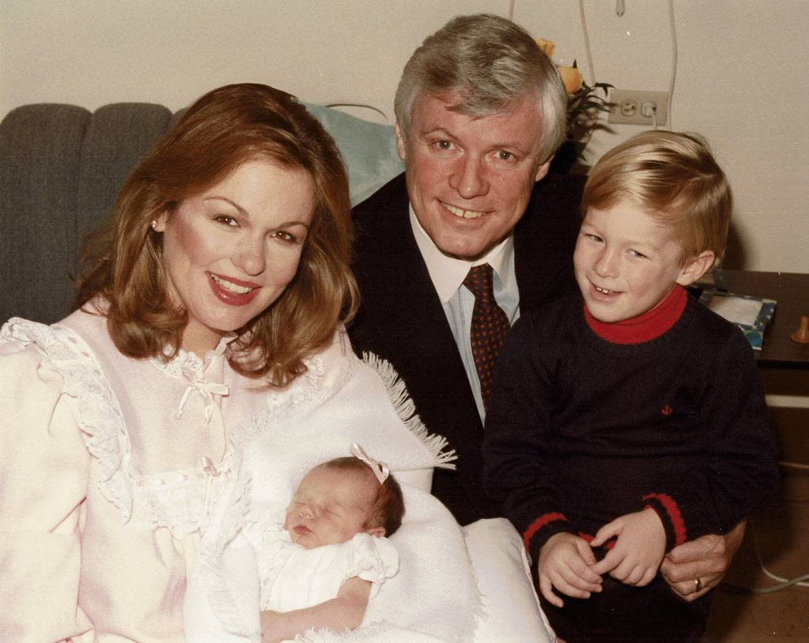 Kentucky’s first family, Governor John Y. and Phyllis George Brown showed off their new member, Pamela Ashley Brown at the UK Medical Center November 30, 1983. On the Governor’s lap is their son Lincoln.