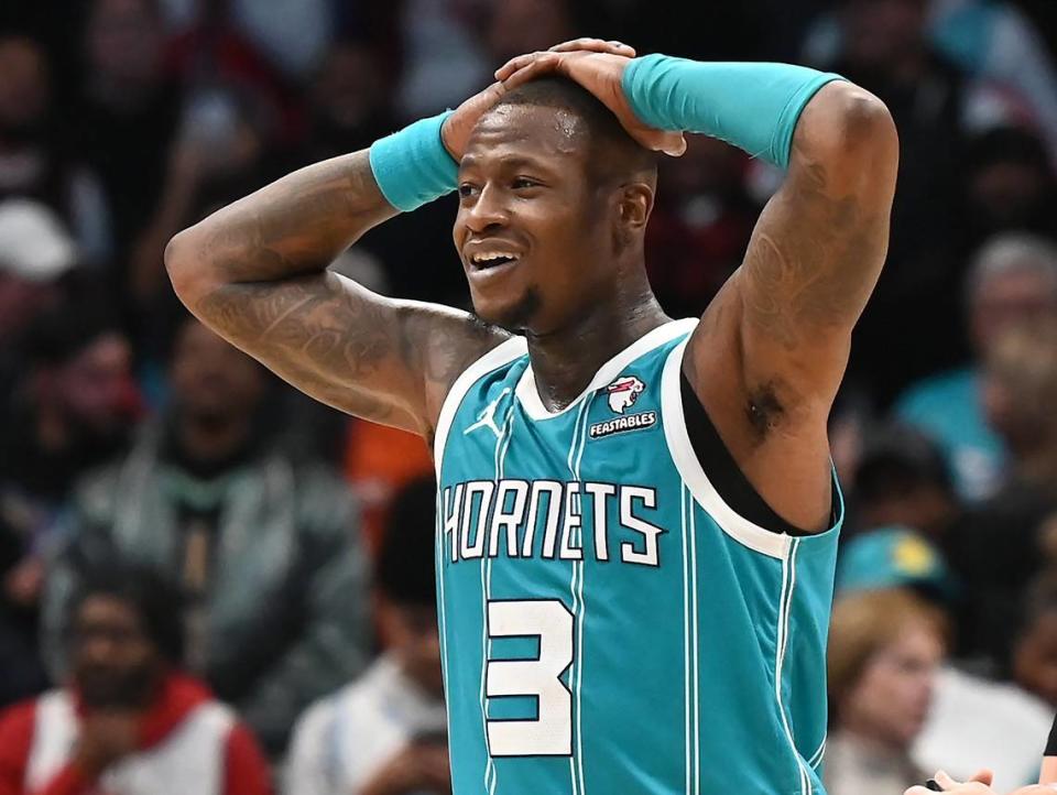Terry Rozier walks back to the team’s sideline as time expires in fourth quarter action against the Chicago Bulls on Monday, January 8, 2024 at Spectrum Center in Charlotte, NC. The Bulls defeated the Hornets in overtime 119-112.