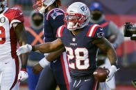 New England Patriots running back James White celebrates his touchdown in the second half of an NFL football game against the Arizona Cardinals, Sunday, Nov. 29, 2020, in Foxborough, Mass. (AP Photo/Elise Amendola)