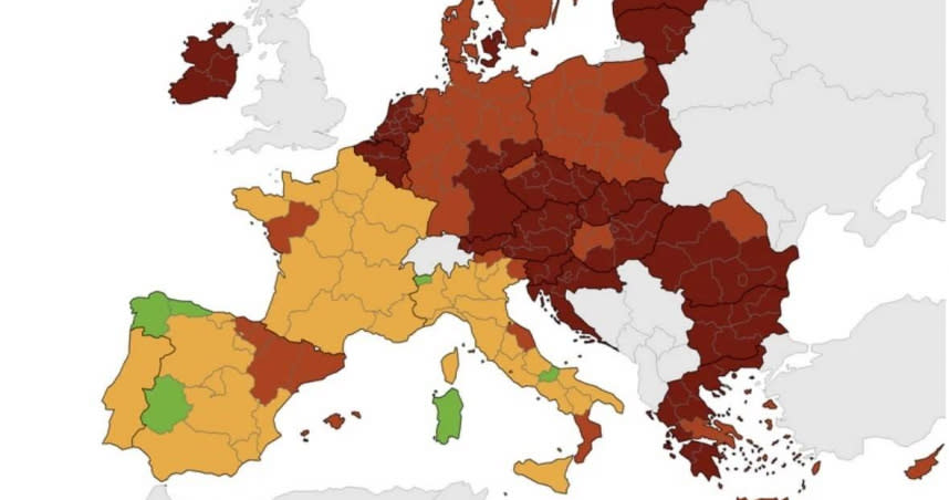 歐洲疾病預防與控制中心 (ECDC) 公布疫情地圖，有10個國家被列為最高級的「非常關注國家」。（圖／翻攝自ECDC）