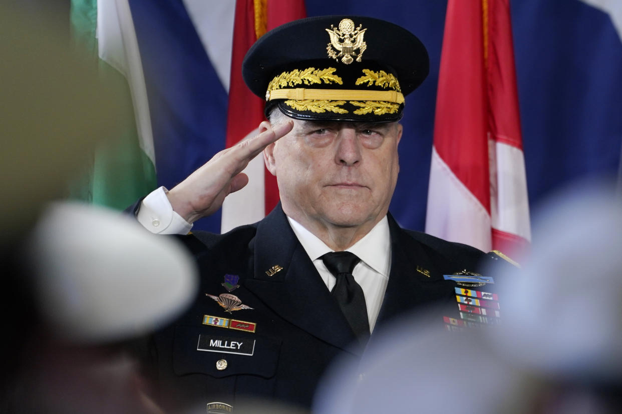 Chairman of the Joint Chiefs of staff, Gen. Mark Milley salutes during a ceremony marking full operation of the NATO's Joint force Command aboard the USS Kearsarge at Naval Station Norfolk Thursday July 15, 2021, in Norfolk, Va. (AP Photo/Steve Helber)