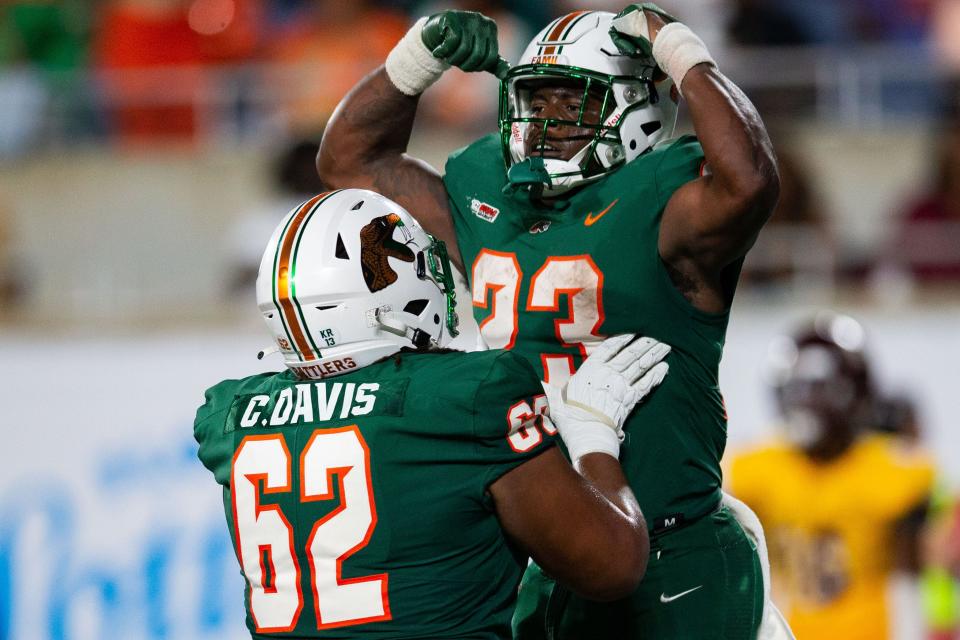 Florida A&M Rattlers running back Terrell Jennings (23) celebrates his touchdown. The Florida A&M Rattlers defeated the Bethune Cookman Wildcats 24-7 in the Florida Classic at Camping World Stadium on Saturday, Nov. 18, 2023.