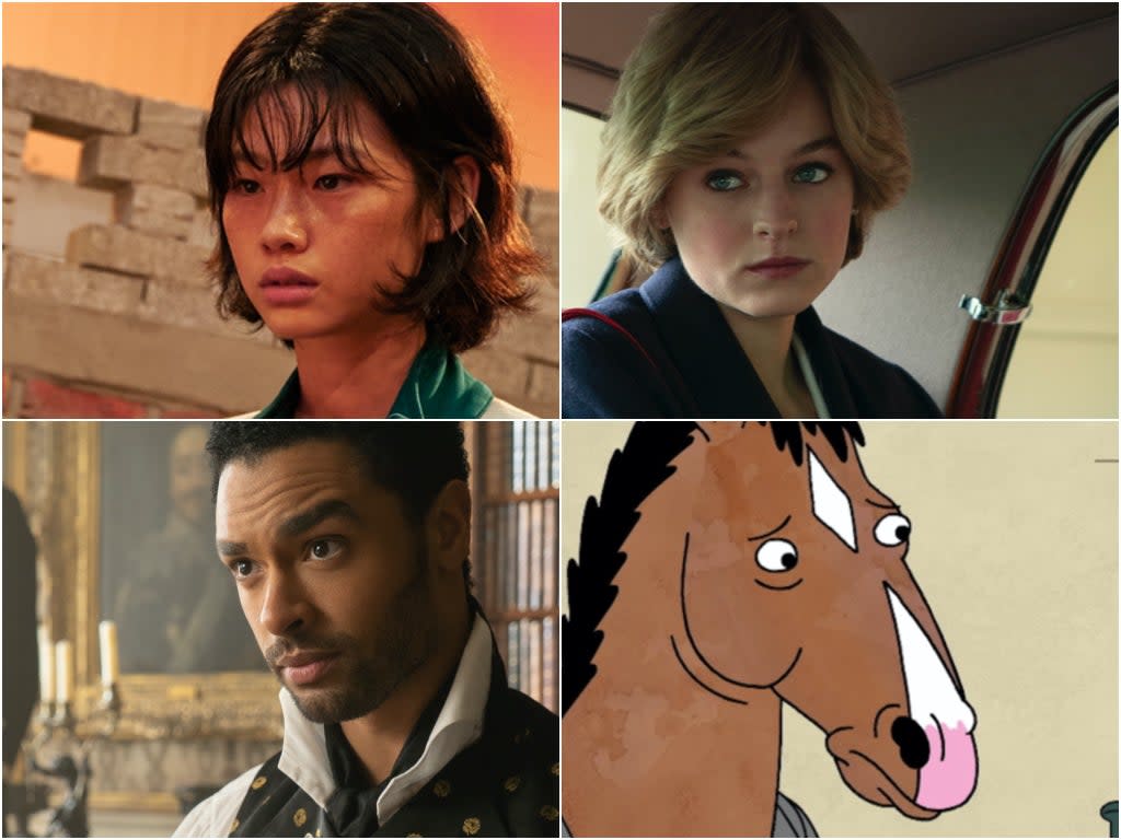 Netflix hits, clockwise from top right: ‘The Crown’, ‘BoJack Horseman’, ‘Bridgerton’ and ‘Squid Game' (Netflix)