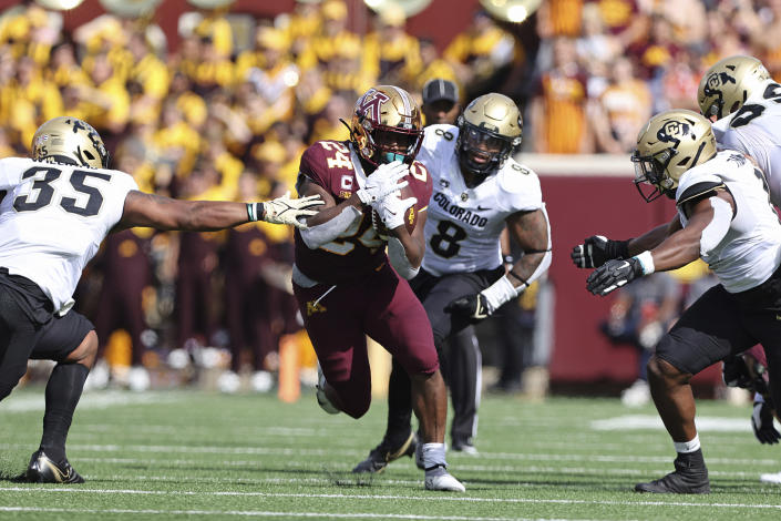 Minnesota running back Mohamed Ibrahim (24) carries the ball against Colorado during the first half of an NCAA college football game, Saturday, Sept. 17, 2022, in Minneapolis. (AP Photo/Stacy Bengs)