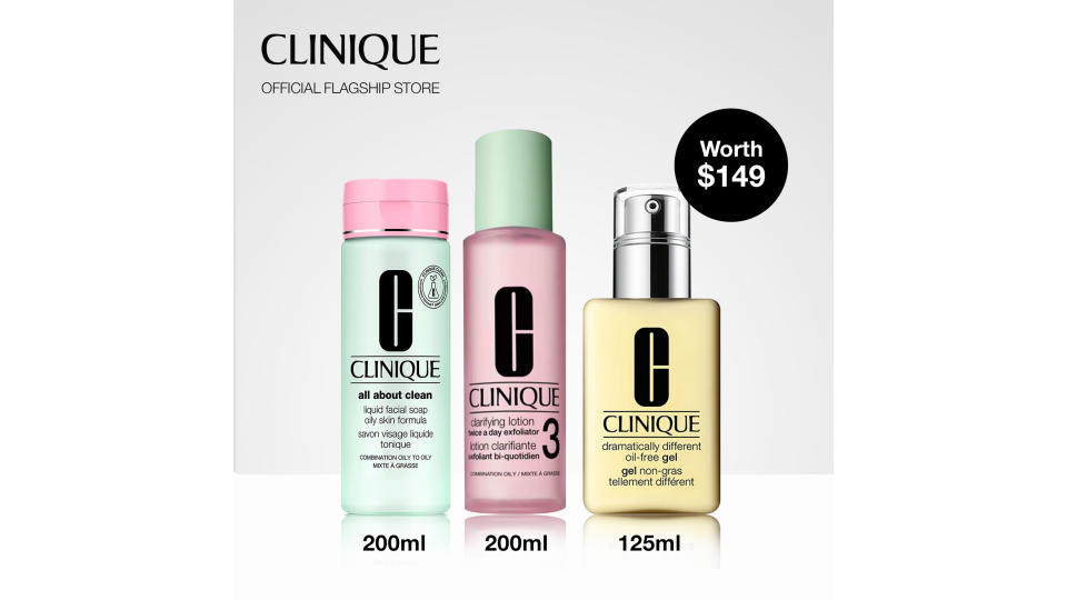 [Until 7 May only] Clinique Skincare Set with Liquid Facial Soap Oily 200ml + Clarifying Lotion 3 200ml + Dramatically Different Moisturising Gel 125ml. (Photo: Lazada SG)