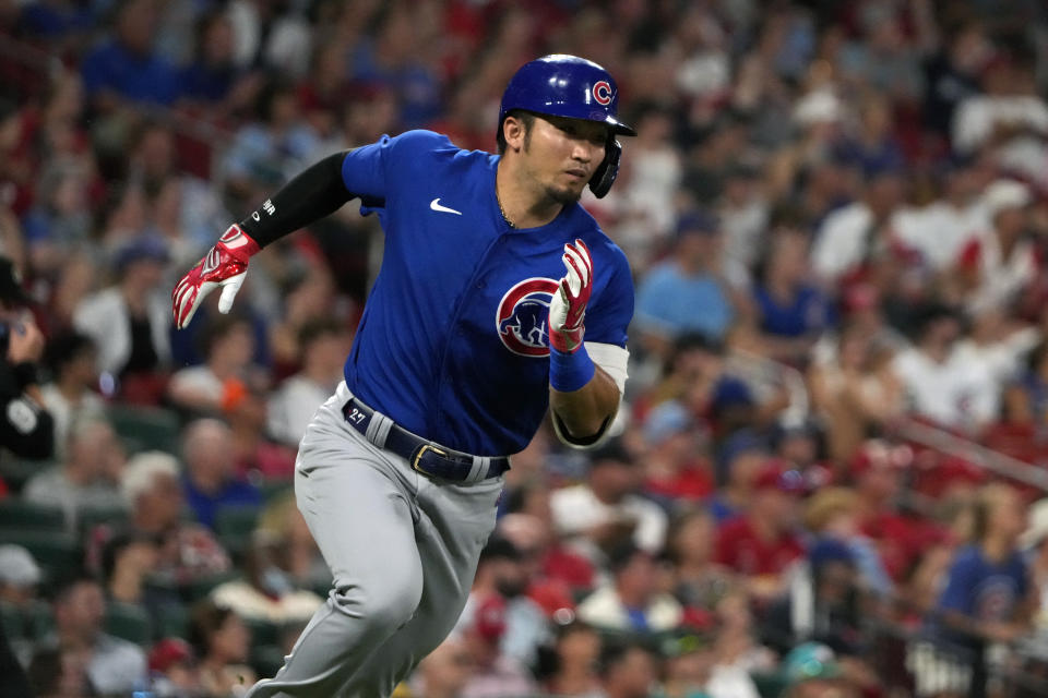 Chicago Cubs' Seiya Suzuki doubles during the sixth inning of a baseball game against the St. Louis Cardinals Friday, July 28, 2023, in St. Louis. (AP Photo/Jeff Roberson)