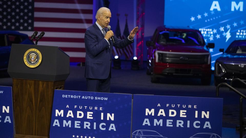 DETROIT, MI - SEPTEMBER 14: President Joe Biden speaks at the North American International Auto Show on September 14, 2022 in Detroit, Michigan. Biden announced a $900 million investment in electric vehicle infrastructure on the nation's highway system in 35 states. (Photo by Bill Pugliano/Getty Images)