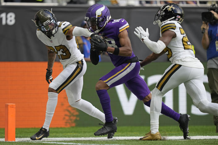 Minnesota Vikings wide receiver Justin Jefferson (18) is stopped just short of the end zone during an NFL match between Minnesota Vikings and New Orleans Saints at the Tottenham Hotspur stadium in London, Sunday, Oct. 2, 2022. (AP Photo/Frank Augstein)