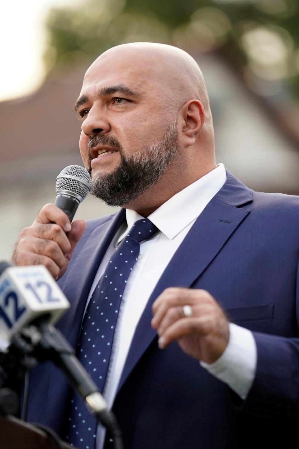 Mohamed Khairullah, mayor of Prospect Park, speaks during the a press conference and rally in solidarity with Palestinians on Monday, Oct. 9, 2023, in Paterson.