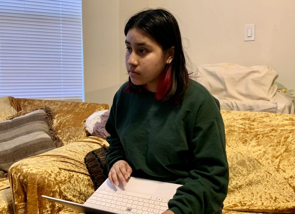 Kimberly Son Garcia, a 10th grader at Orthopaedic Hospital Medical Magnet High School in Los Angeles, works on her laptop at home. (Linda Jacobson / The 74)