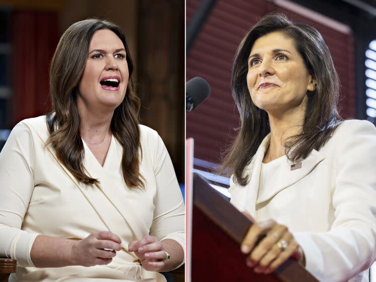 Republican presidential candidate Nikki Haley speaks to supporters during her speech Wednesday, Feb. 15, 2023, in Charleston, S.C. (AP / Mic Smith) Gov. Sarah Huckabee Sanders, R-Ark., speaks while delivering the Republican response to President Biden's State of the Union address, Tuesday, Feb. 7, 2023, in Little Rock, Ark. (Al Drago/Bloomberg, Pool)