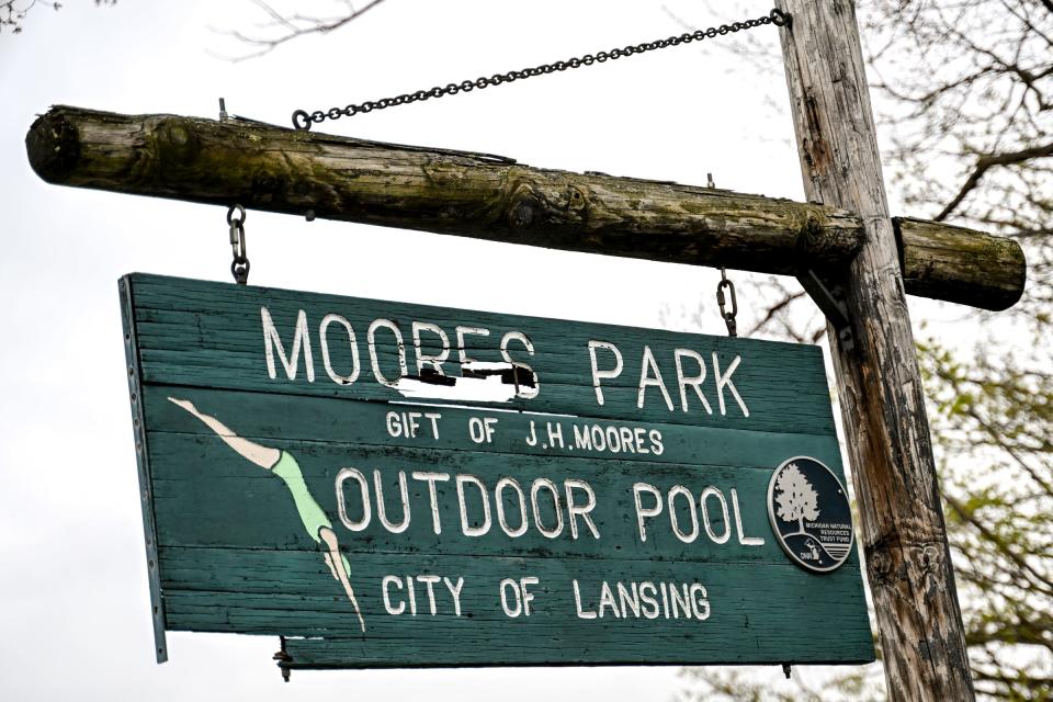 The sign for the Moores Park Pool on Wednesday, April 24, 2024, in Lansing.