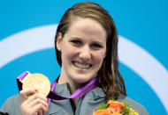 <a href="http://sports.yahoo.com/olympics/swimming/missy-franklin-1132902/" data-ylk="slk:Missy Franklin;elm:context_link;itc:0;sec:content-canvas" class="link ">Missy Franklin</a> of the United States celebrates with her gold medal during the medal ceremony for the Women's 100m Backstroke on Day 3 of the London 2012 Olympic Games at the Aquatics Centre on July 30, 2012 in London, England. (Photo by Adam Pretty/Getty Images)