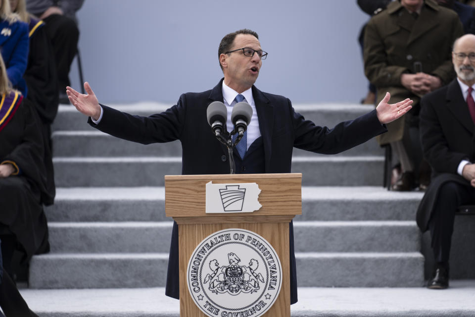 Democratic Gov. Josh Shapiro speaks after taking the oath of office to become Pennsylvania's 48th governor, Tuesday, Jan. 17, 2023, at the state Capitol in Harrisburg, Pa. (AP Photo/Matt Rourke)