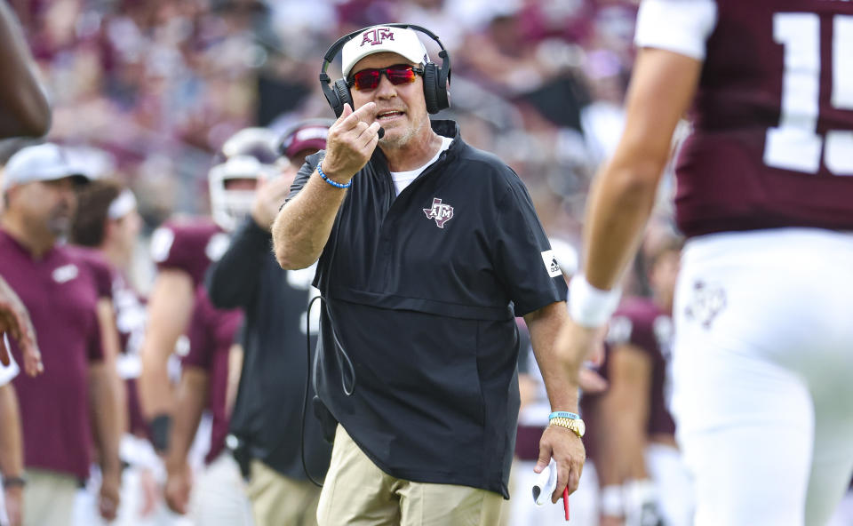 Sep 16, 2023; College Station, Texas; Texas A&M Aggies head coach Jimbo Fisher reacts after a play during the second quarter against the Louisiana Monroe Warhawks at Kyle Field. Troy Taormina-USA TODAY Sports