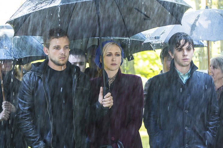 Dylan (Max Thieriot), Norma, and Norman attend Miss Watson’s funeral (Credit: A&E)