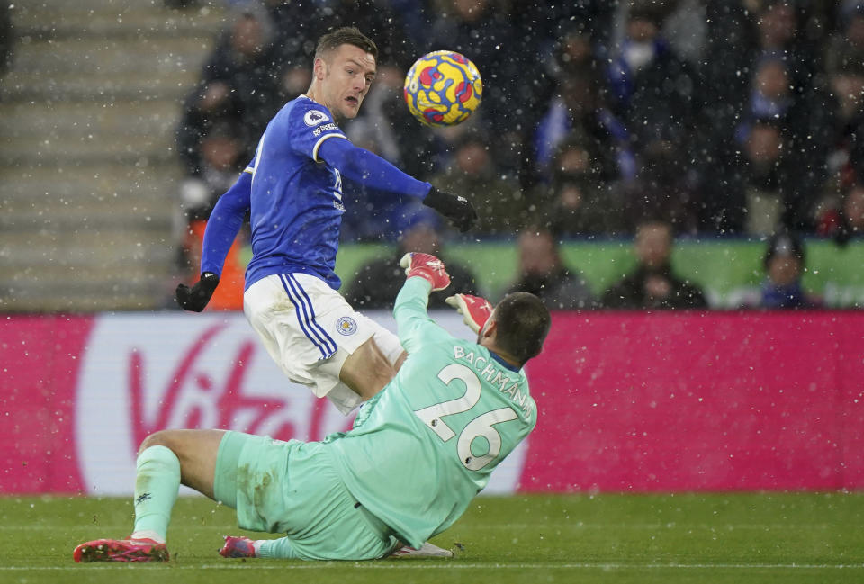 Leicester City's Jamie Vardy scores his side's second goal during the English Premier League soccer match between Watford and Leicester City at the King Power Stadium, Watford, England, Sunday, Nov. 28, 2021. (Tim Goode/PA via AP)