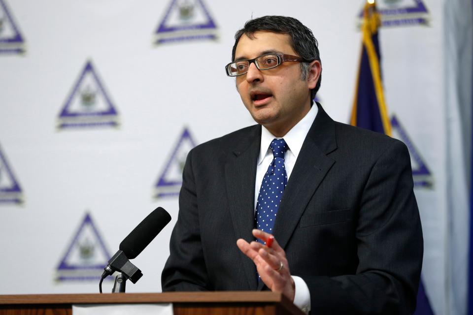 Dr. Nirav Shah, director of the Maine Center for Disease Control and Prevention, speaks at a news conference on April 28, 2020, in Augusta, Maine. Shah, who became the face of the state's respond to the COVID-19 pandemic, is leaving Maine for a high-ranking post with the U.S. Centers for Disease Control and Prevention, state officials said Thursday, Jan. 12, 2023.