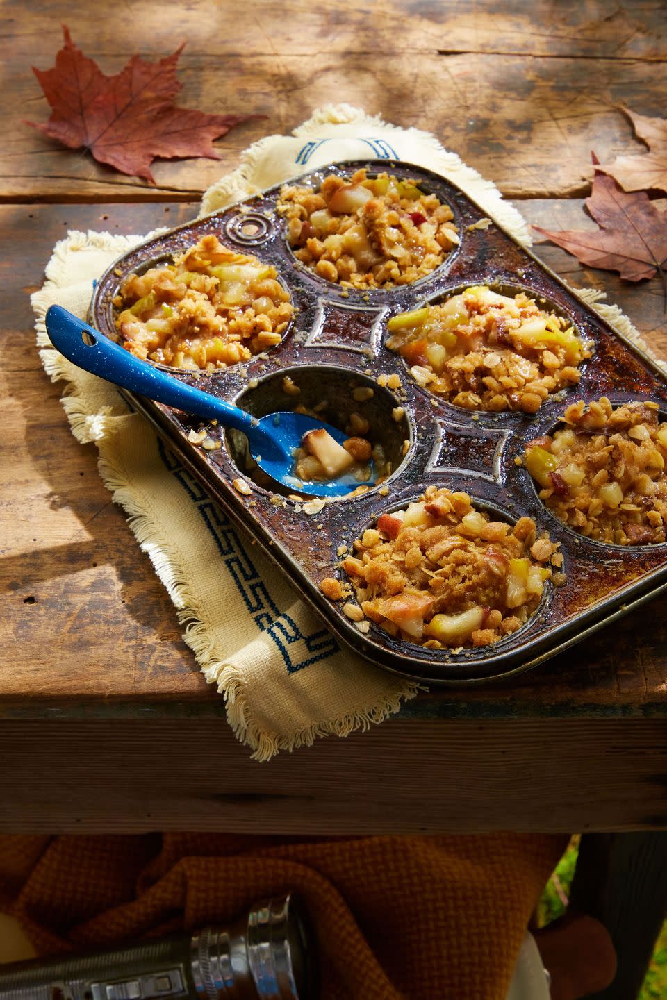 campfire pear crumbles made in a 6 cup muffin tin
