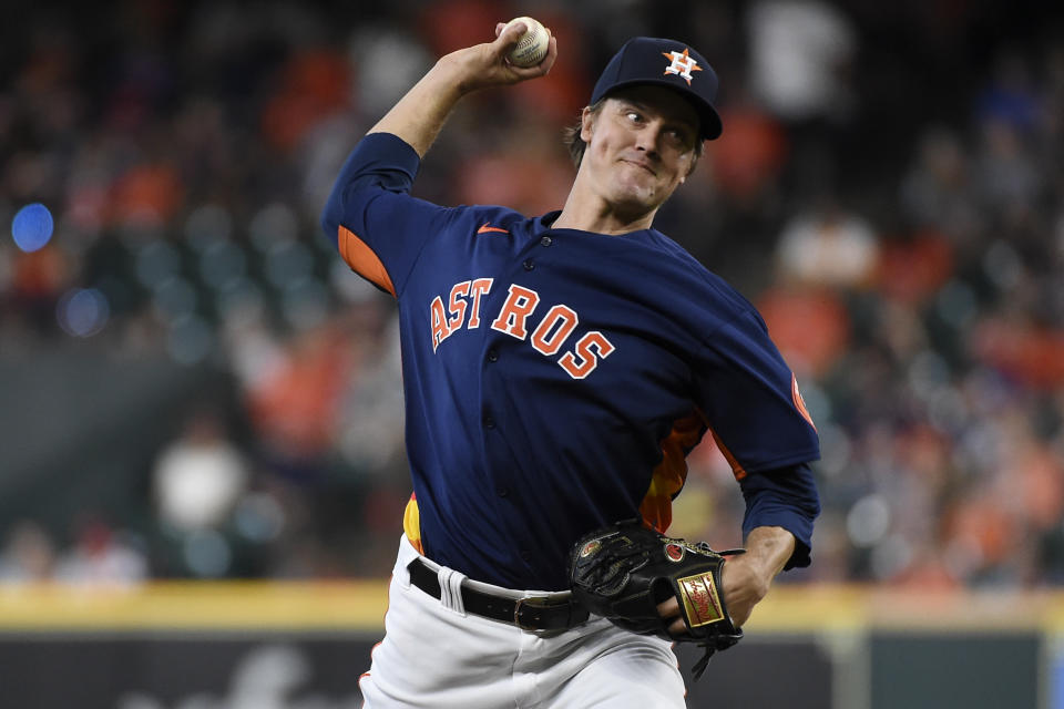 Houston Astros starting pitcher Zack Greinke delivers during the first inning of a baseball game against the Texas Rangers, Sunday, July 25, 2021, in Houston. (AP Photo/Eric Christian Smith)