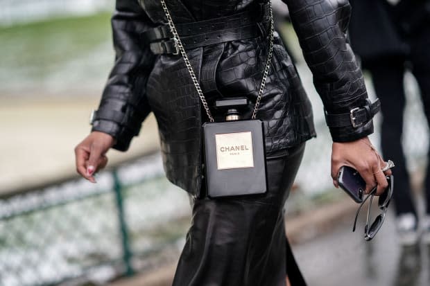 A Chanel bag in the form of a perfume bottle, during Paris Fashion Week. 