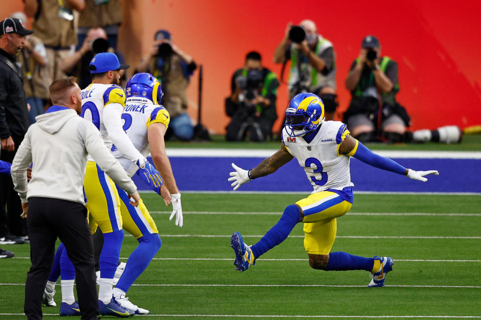 Seen here, Odell Beckham Jr. celebrates his touchdown for the Los Angeles Rams against the Cincinnati Bengals in Super Bowl LVI.