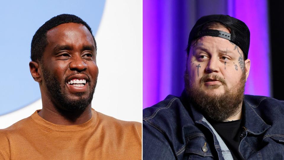 Sean Combs smiles and looks to his left wearing an orange shirt split Jelly Roll in a backwards hat and jean jacket