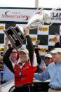 FILE - In this March 11, 2001, file photo, Kevin Harvick holds up the trophy in Victory Lane after winning the NASCAR Cracker Barrel 500 auto race at Atlanta Motor Speedway in Hampton, Ga. Harvick was driving for the GM Goodwrench Chevrolet team in place of Dale Earnhardt who was killed in a crash at Daytona that year. Childress had to push Harvick into Earnhardt’s seat a year earlier than planned, rebranding the No. 3 to the No. 29 to give Harvick his own identity. Photo/Ric Feld,FIle)