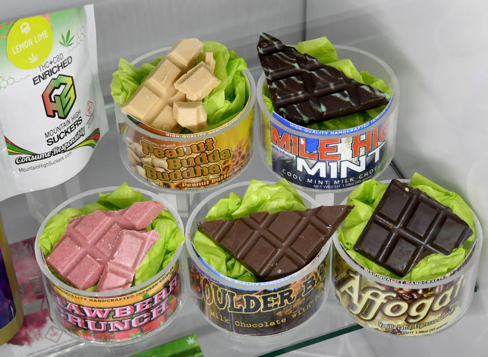 Edible cannabis products are displayed