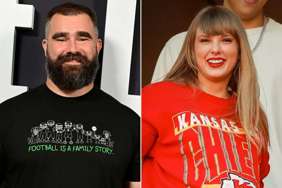 <p>Lisa Lake/Getty; David Eulitt/Getty</p> Jason Kelce and Taylor Swift