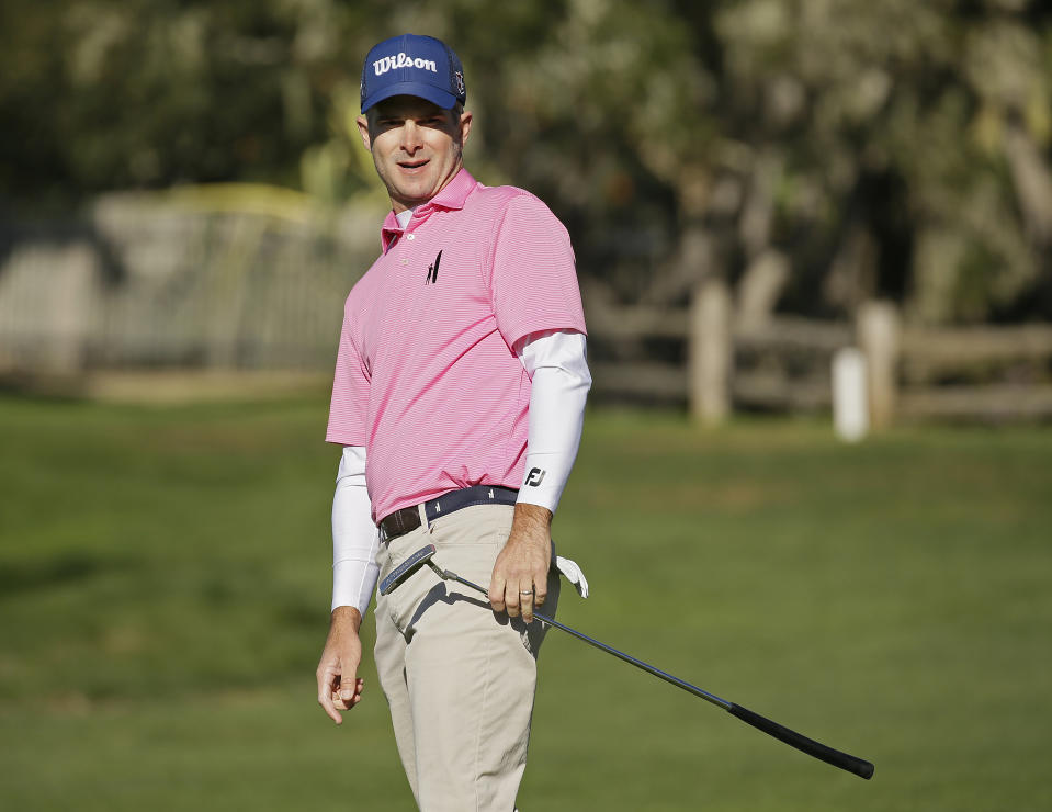 Kevin Streelman reacts after missing an eagle putt on the second green of the Pebble Beach Golf Links during the final round of the AT&T Pebble Beach National Pro-Am golf tournament Sunday, Feb. 11, 2018, in Pebble Beach, Calif. (AP Photo/Eric Risberg)