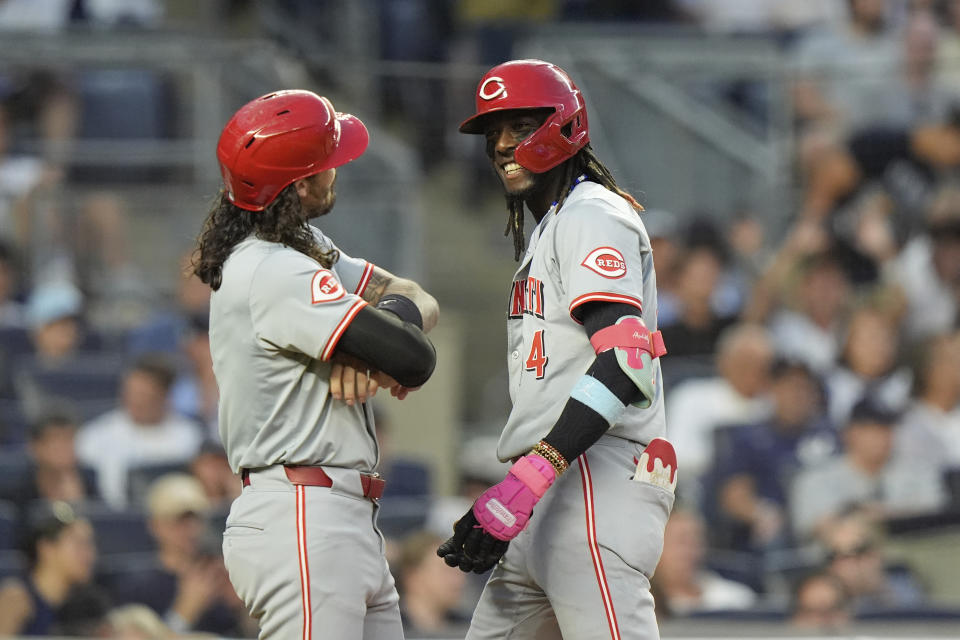 Cincinnati Reds' Elly De La Cruz, right, celebrates with Jonathan India after they score on a two-run home run during the fifth inning of a baseball game against the New York Yankees, Tuesday, July 2, 2024, in New York. (AP Photo/Frank Franklin II)