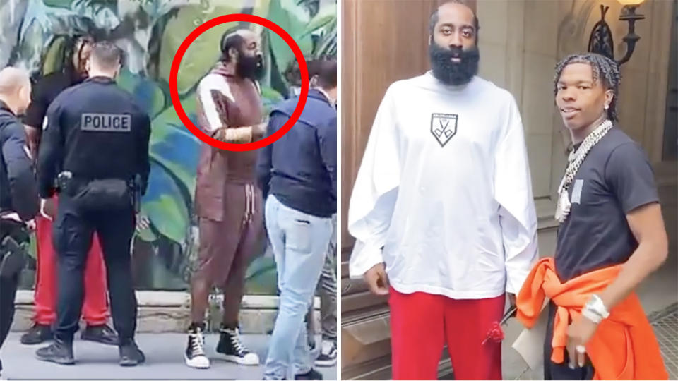 James Harden was frisked by French police after encountering friend and rapper Lil Baby, who had been pulled over and was later arrested for alleged possession of cannabis. Pictures: Instagram