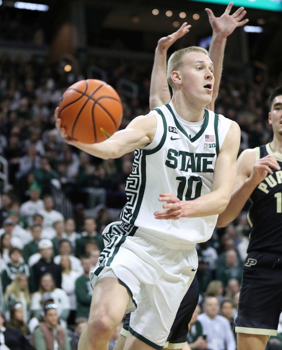 Michigan State Spartans forward Joey Hauser (10) drives against the Purdue Boilermakers during the first half Monday, Jan. 16, 2023 at Breslin Center in East Lansing.