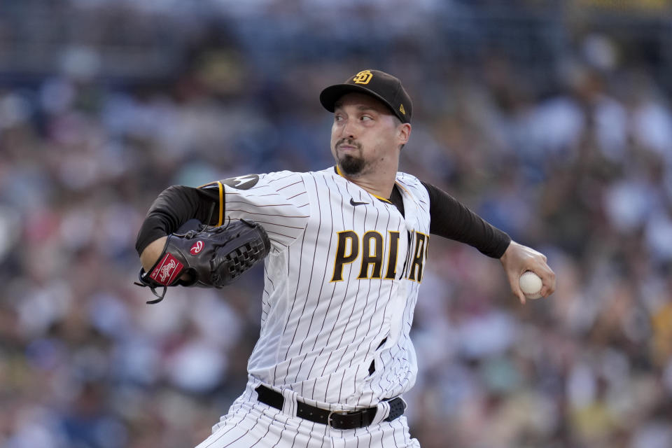 San Diego Padres starting pitcher Blake Snell works against a Baltimore Orioles batter during the fourth inning of a baseball game Wednesday, Aug. 16, 2023, in San Diego. (AP Photo/Gregory Bull)