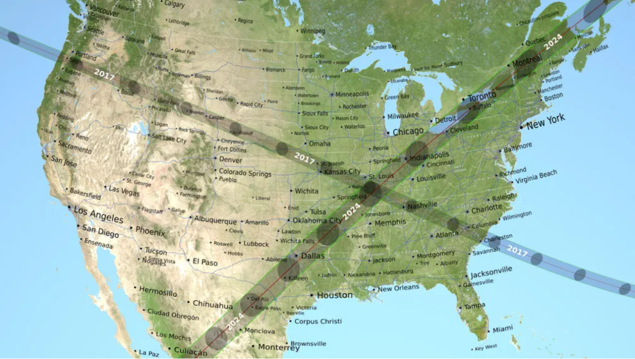 This map shows the path of the 2017 total solar eclipse, crossing from Oregon to South Carolina, and the 2024 total solar eclipse, crossing from Mexico into Texas, up to Maine and exiting over Canada.