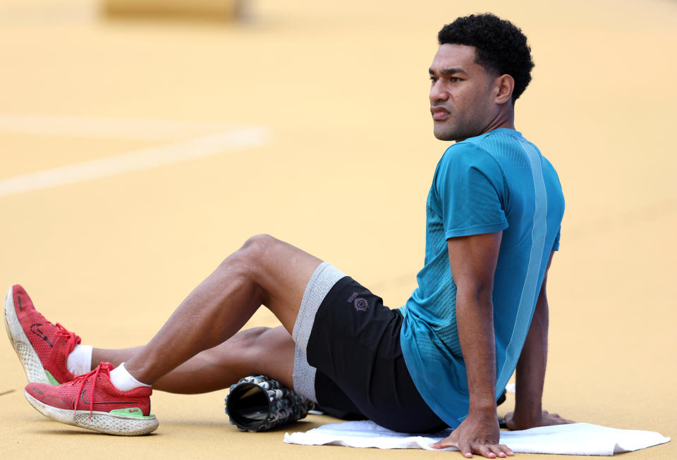 BUDAPEST, HUNGARY - AUGUST 18: Karalo Hepoiteloto Maibuca of Team Tuvalu looks on during a training sessionahead of the World Athletics Championships Budapest 2023 on August 18, 2023 in Budapest, Hungary. (Photo by Christian Petersen/Getty Images for World Athletics)