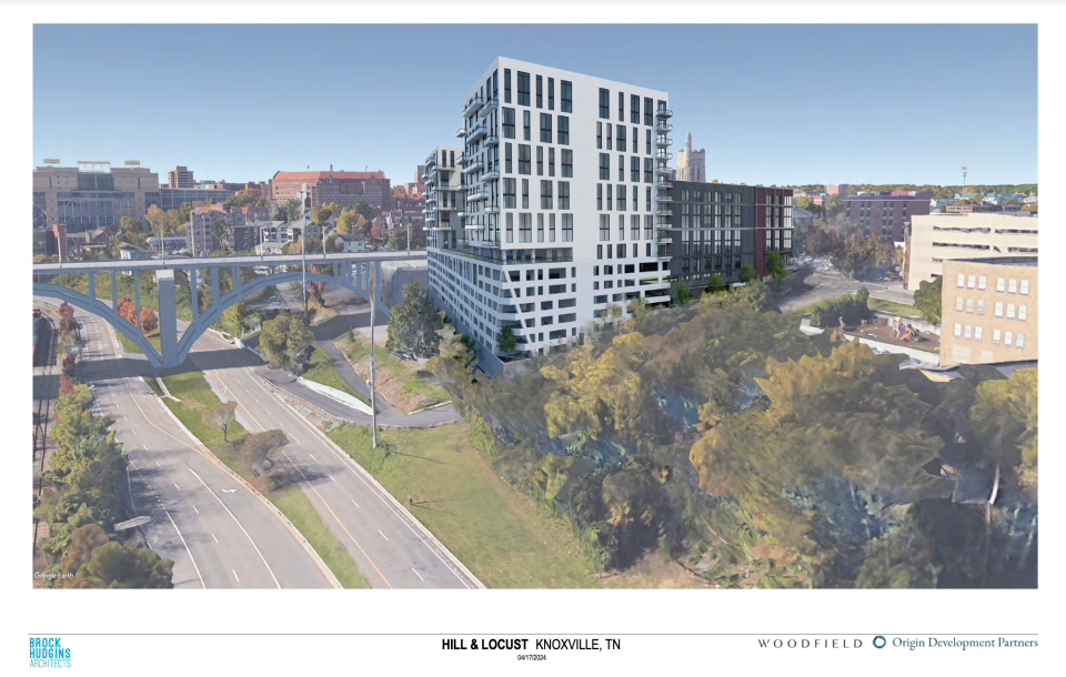 Much of the criticism aimed at the design of Hill & Locust apartments has to do with the prominent parking garage occupying the bottom levels of the building's south side. While there are no sidewalks along Neyland Drive adjacent to the property, the Design Review Board wants developers to think about how the public would view and interact with the building from this angle.
