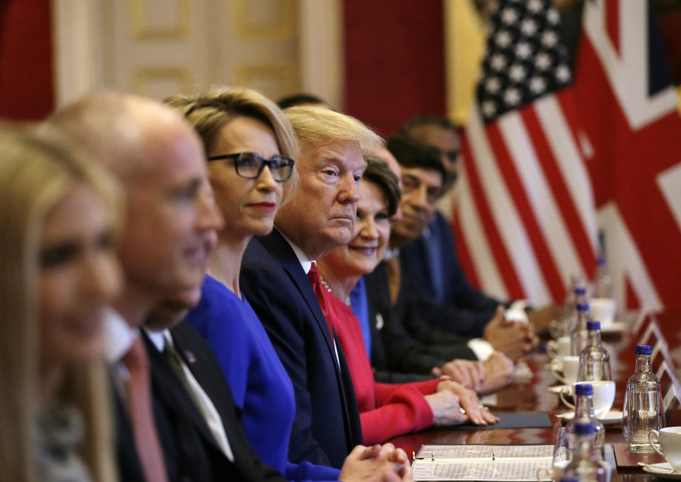 LONDON, ENGLAND - JUNE 04:  U.S President Donald Trump attends a business roundtable with Prime Minister Theresa May at St. James's Palace, during the second day of his State Visit on June 4, 2019 in London, England. President Trump's three-day state visit began with lunch with the Queen, followed by a State Banquet at Buckingham Palace, whilst today he will attend business meetings with the Prime Minister and the Duke of York, before travelling to Portsmouth to mark the 75th anniversary of the D-Day landings. (Photo by Tim Ireland - WPA Pool/Getty Images)