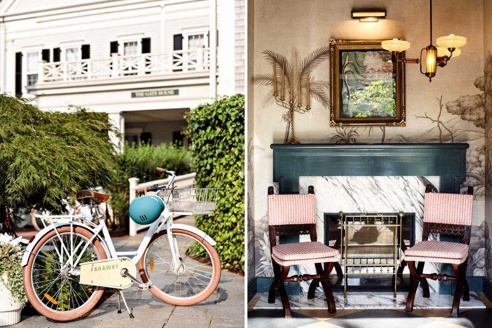 Two photos show the Faraway hotel in Nantucket, including a guest bicycle, and a sitting area and fireplace